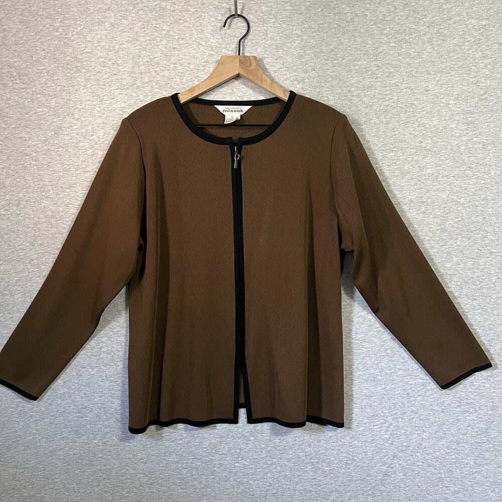 Vintage Misook Cardigan Womens Large Chocolate Brown Black Trim‎ Zip Old Money